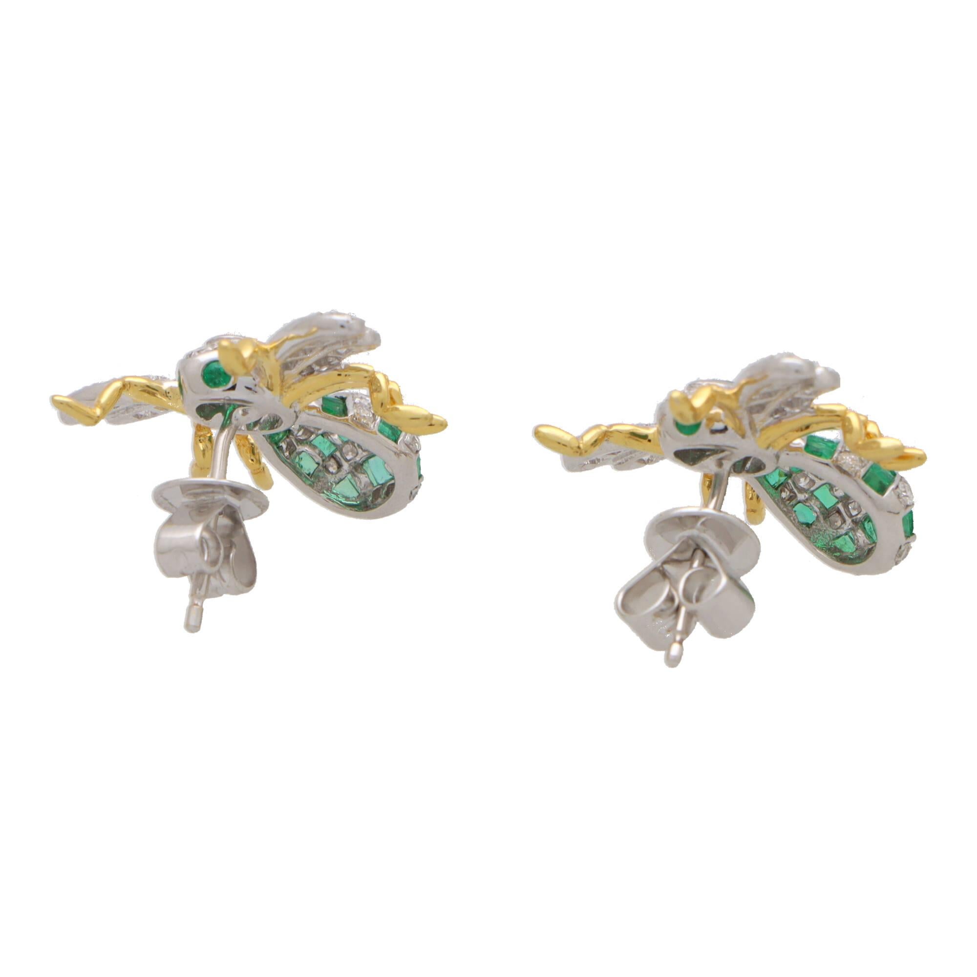 Emerald Cut Emerald and Diamond Bee Earrings Set in 18k White and Yellow Gold For Sale