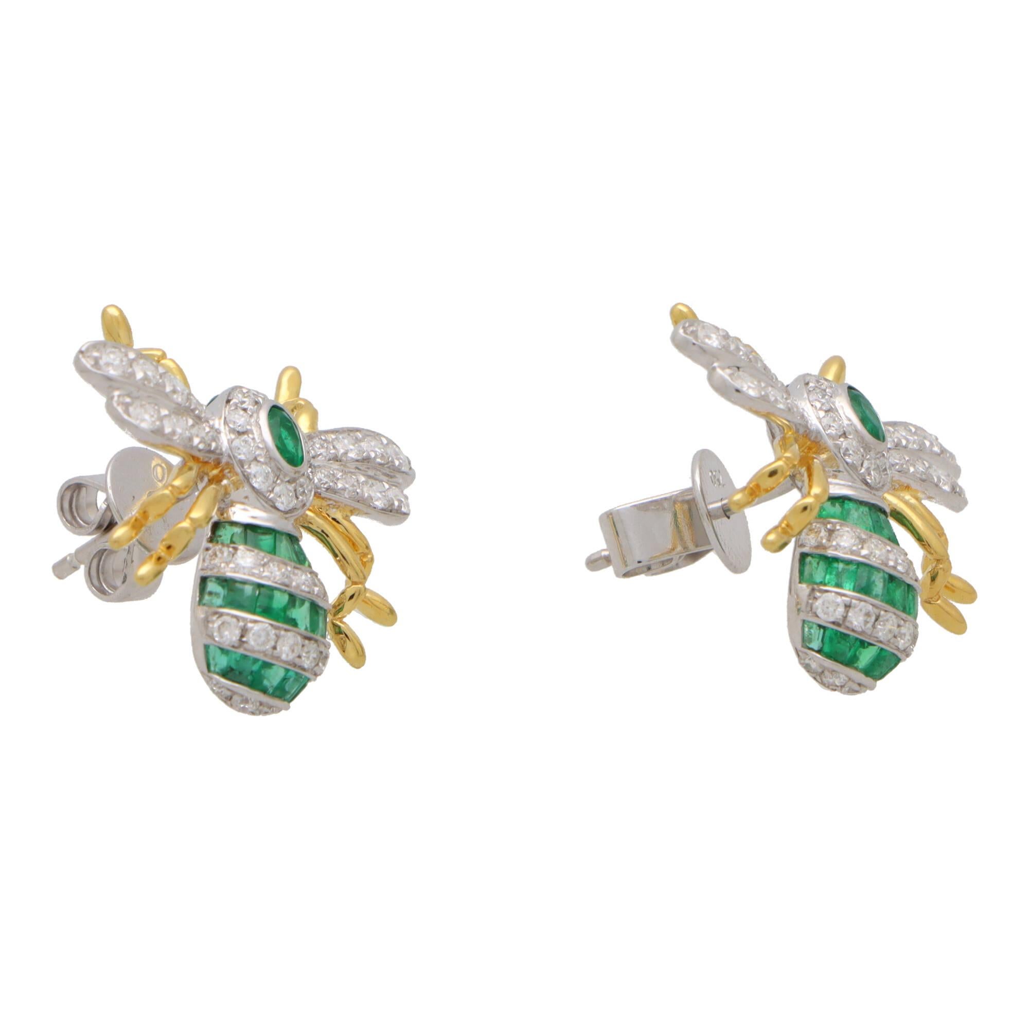 Women's or Men's Emerald and Diamond Bee Earrings Set in 18k White and Yellow Gold For Sale