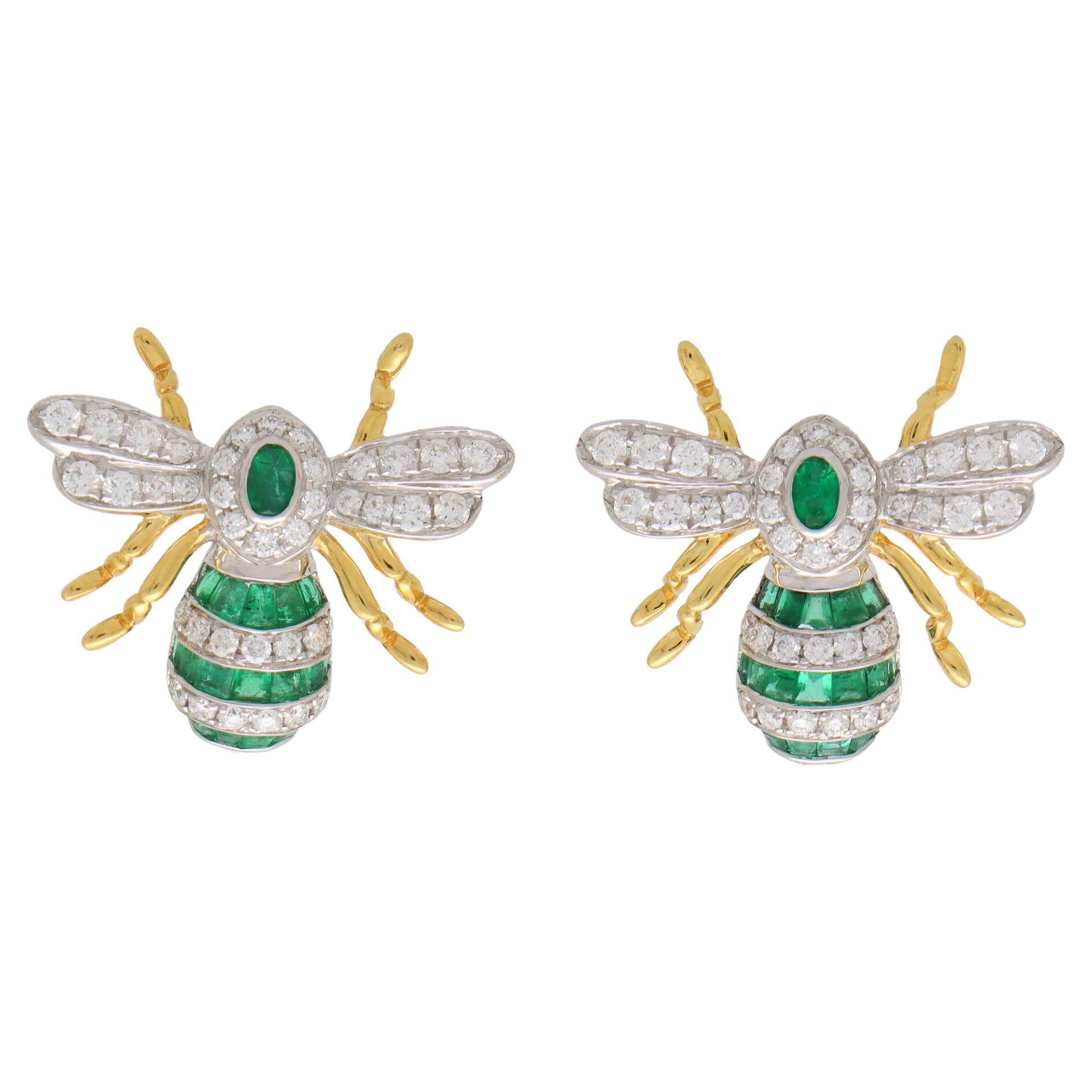 Emerald and Diamond Bee Earrings Set in 18k White and Yellow Gold For Sale