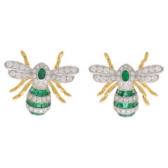 Emerald and Diamond Bee Earrings Set in 18k White and Yellow Gold