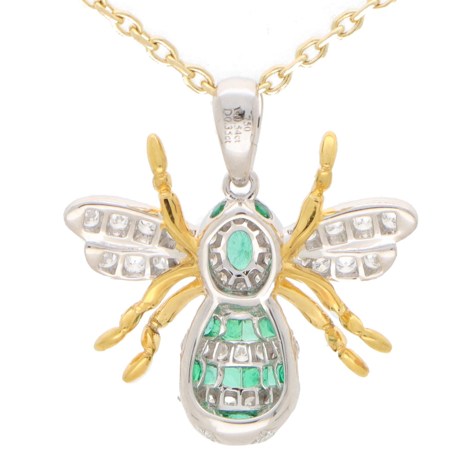 Round Cut Emerald and Diamond Bee Pendant Set in 18k Yellow and White Gold For Sale