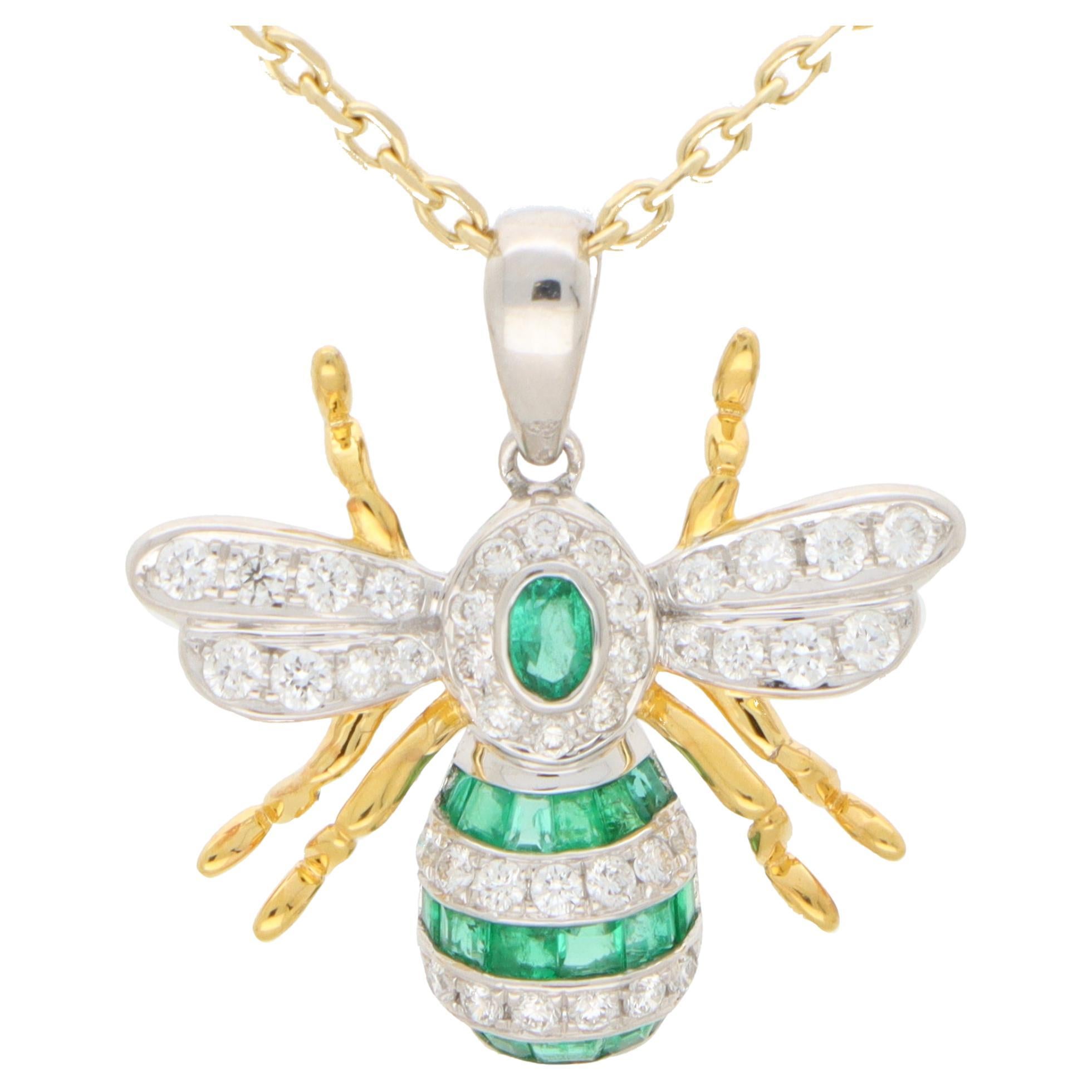 Emerald and Diamond Bee Pendant Set in 18k Yellow and White Gold For Sale
