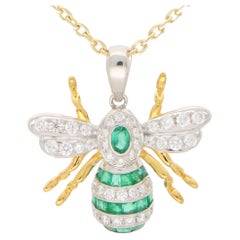 Emerald and Diamond Bee Pendant Set in 18k Yellow and White Gold