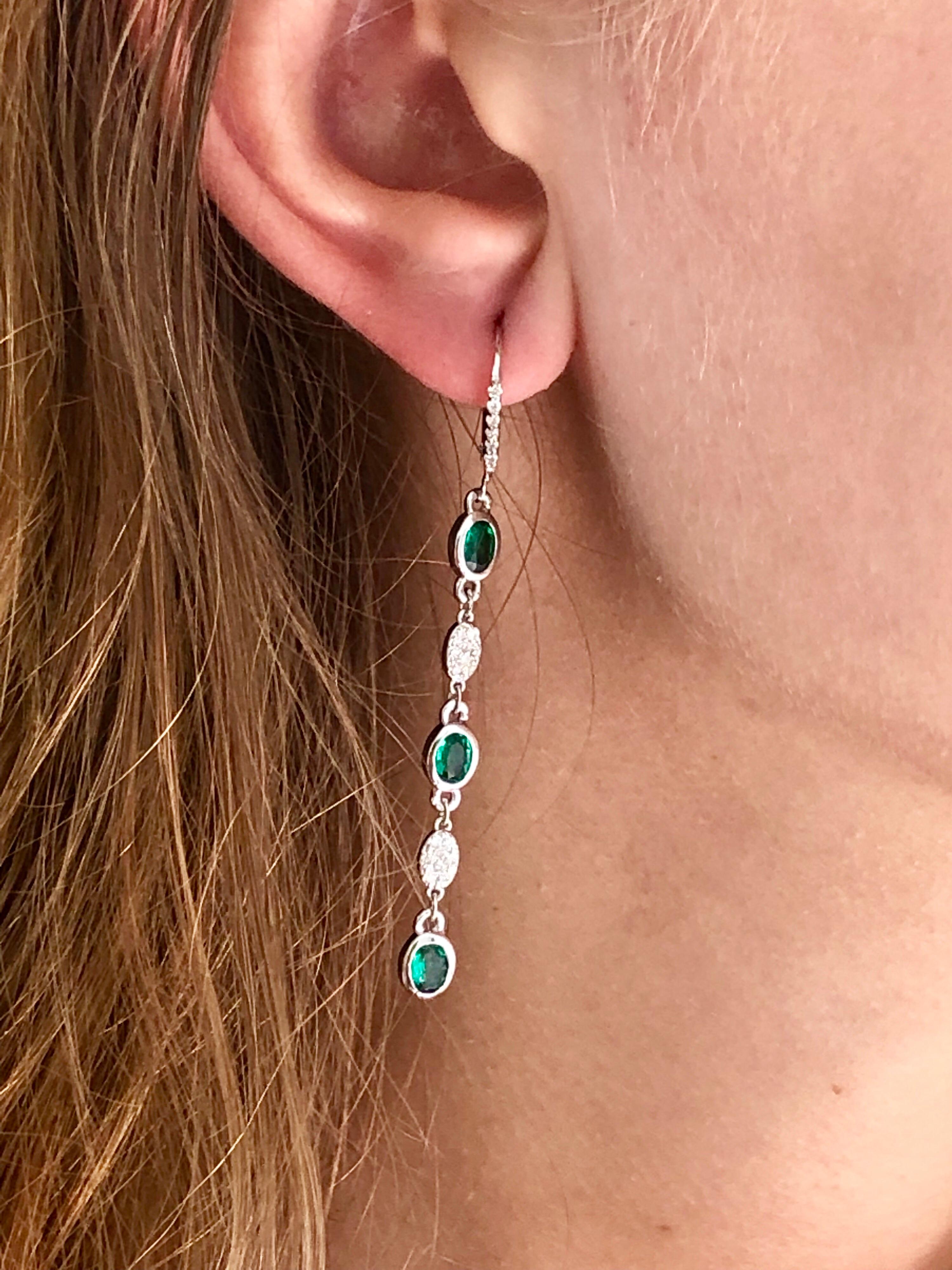 Emerald Cut Emerald and Diamond Bezel Set Hoop Earrings Weighing 2.40 Carat