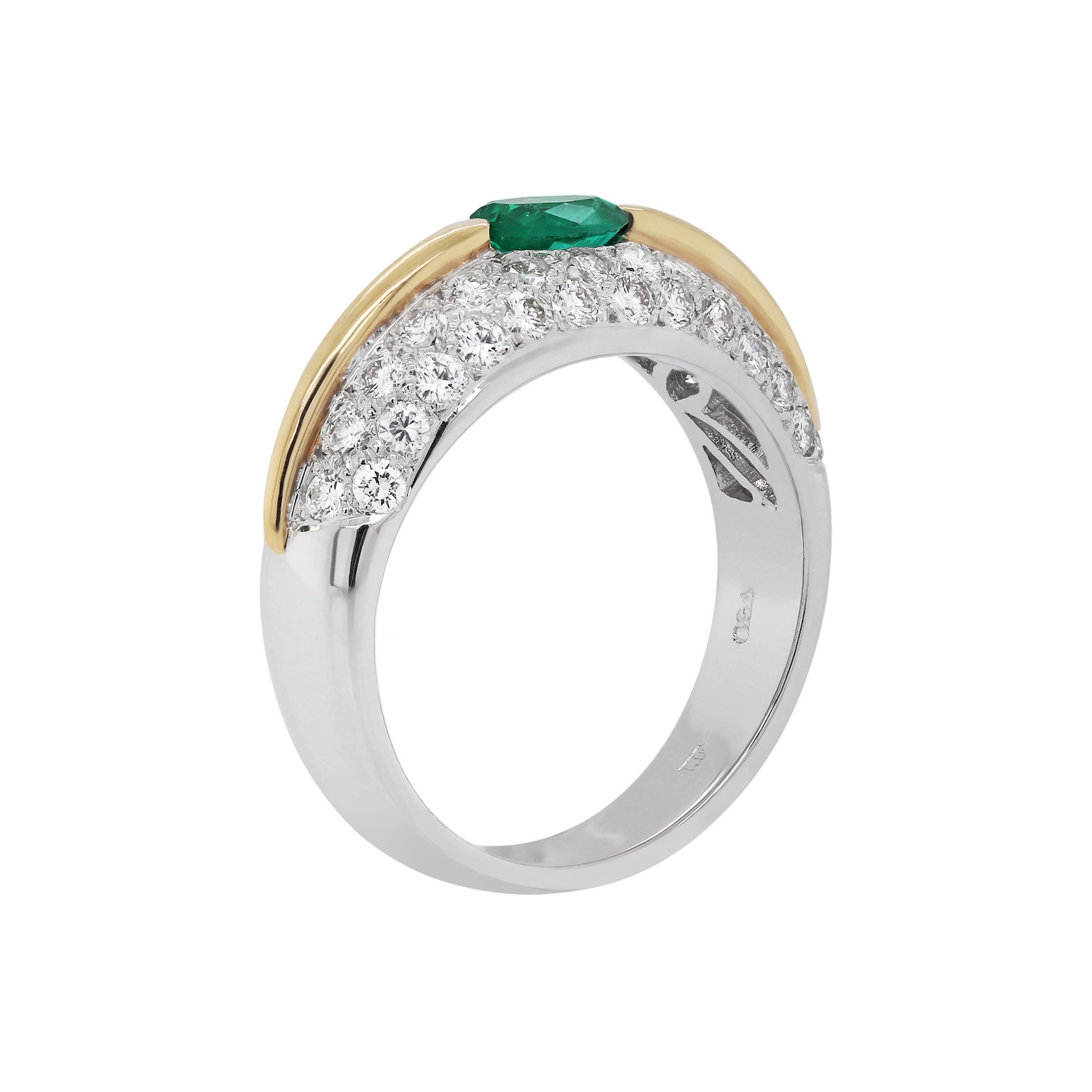 Oval Cut Emerald and Diamond Bombé Cluster 18 Carat Gold Dress Ring For Sale