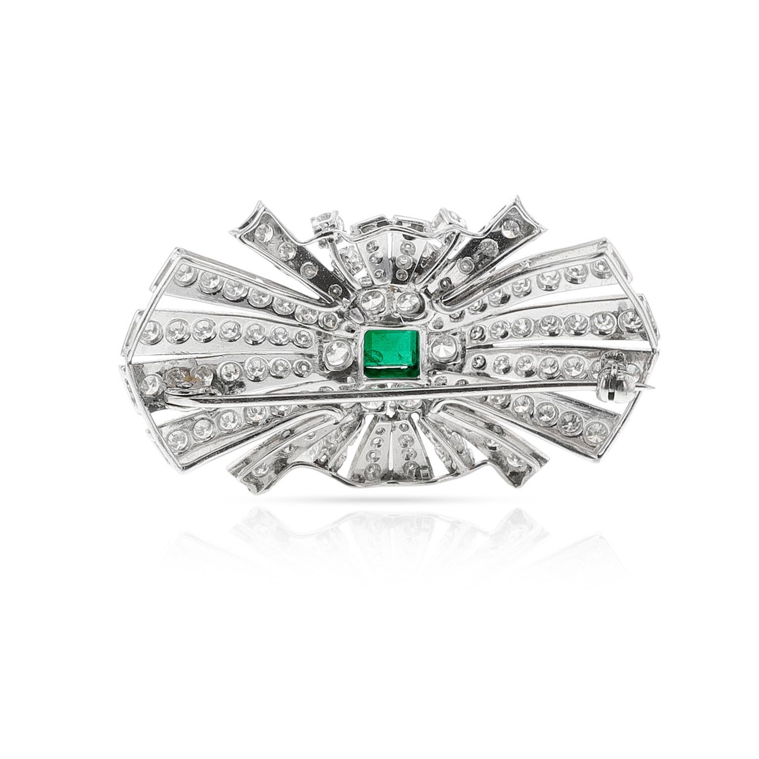 Square Cut Emerald and Diamond Bow Brooch, Platinum For Sale