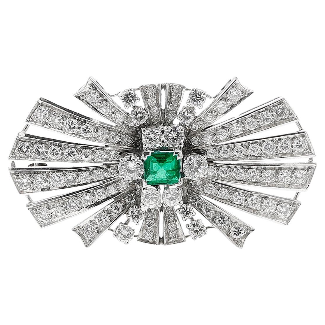 Emerald and Diamond Bow Brooch, Platinum For Sale