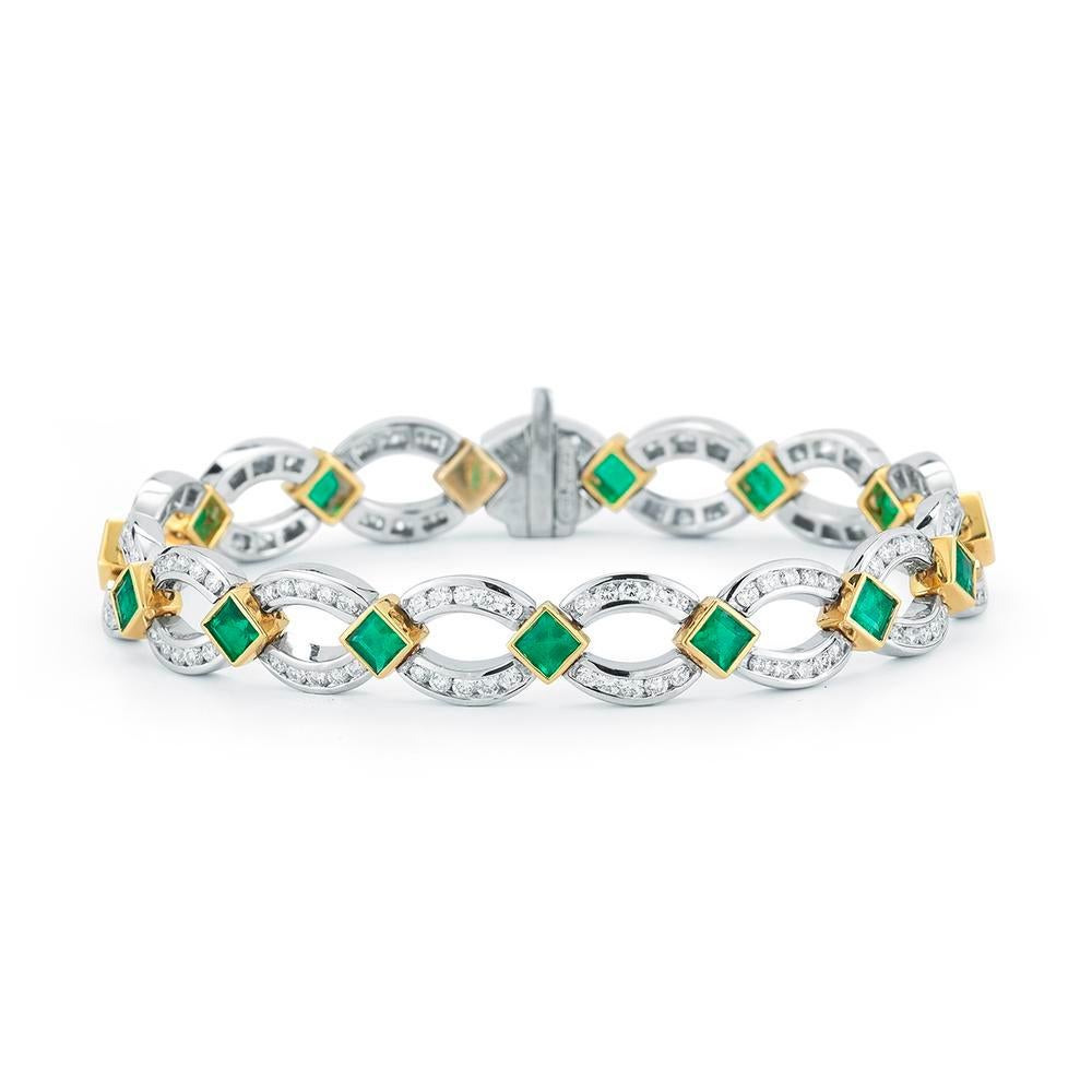 A versatile combination of yellow and white gold makes an exceptional emerald bracelet.
Item:	# 02143
Setting:	18K W/Y
Color Weight:	3.1 ct. of Emerald
Diamond Weight:	3.01 ct. of Diamonds