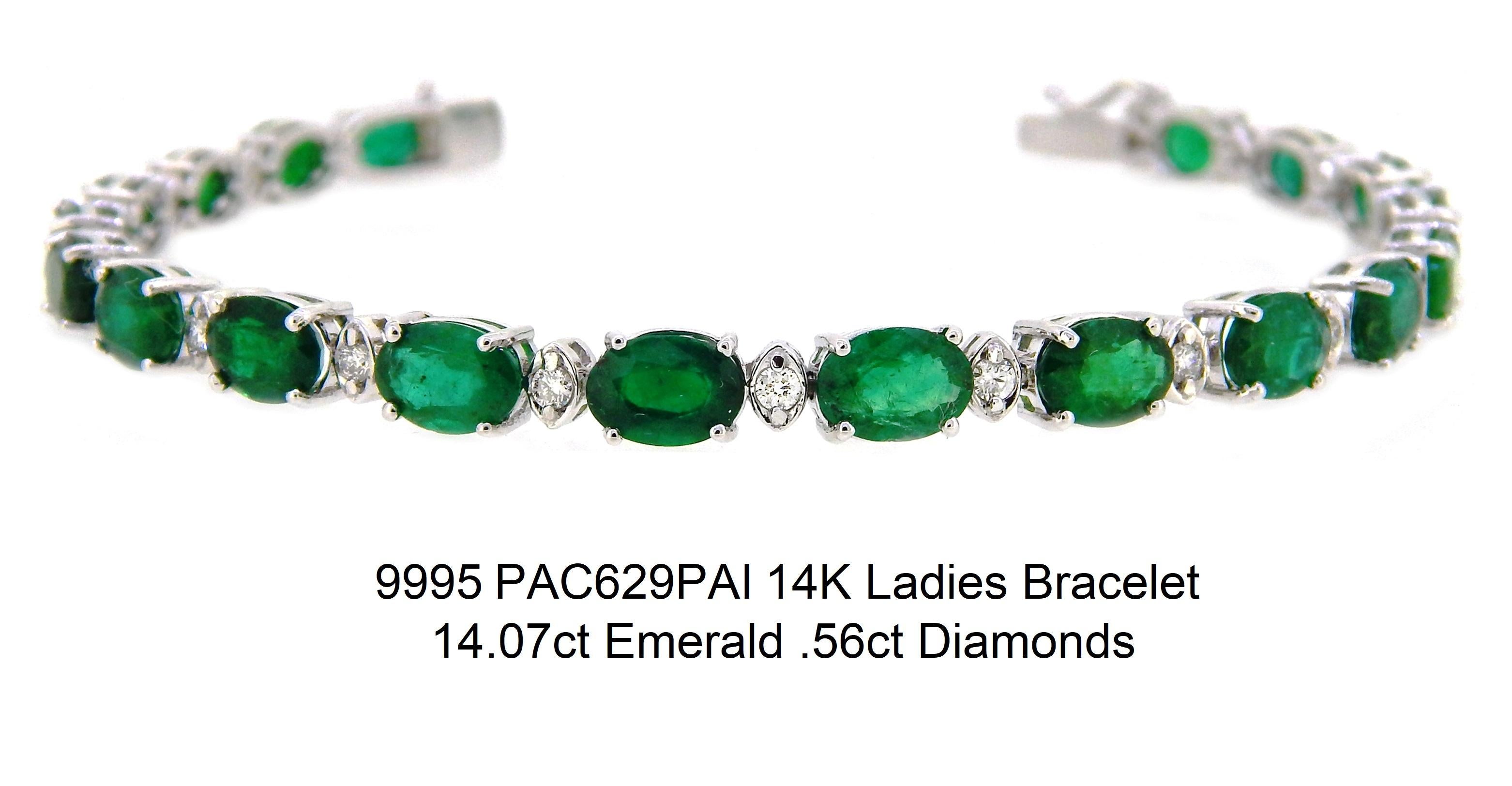 Item #9995

AIGL (American International Gemological Laboratories) Certified 
14K Ladies Bracelet 14.07 carat Emerald and .56 carat Diamonds 
One polished, stamped, and tested 14K white gold bracelet mounted with: 19 genuine faceted emeralds