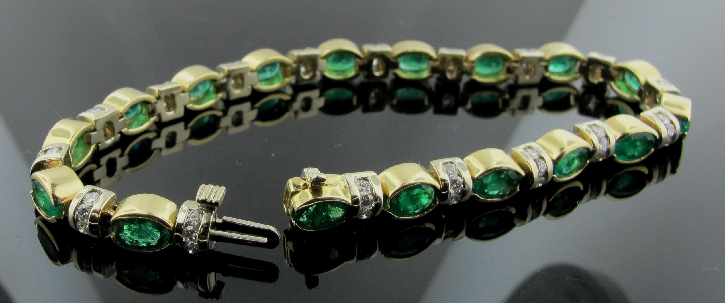 Oval Cut Emerald and Diamond Bracelet in 14 Karat Yellow Gold