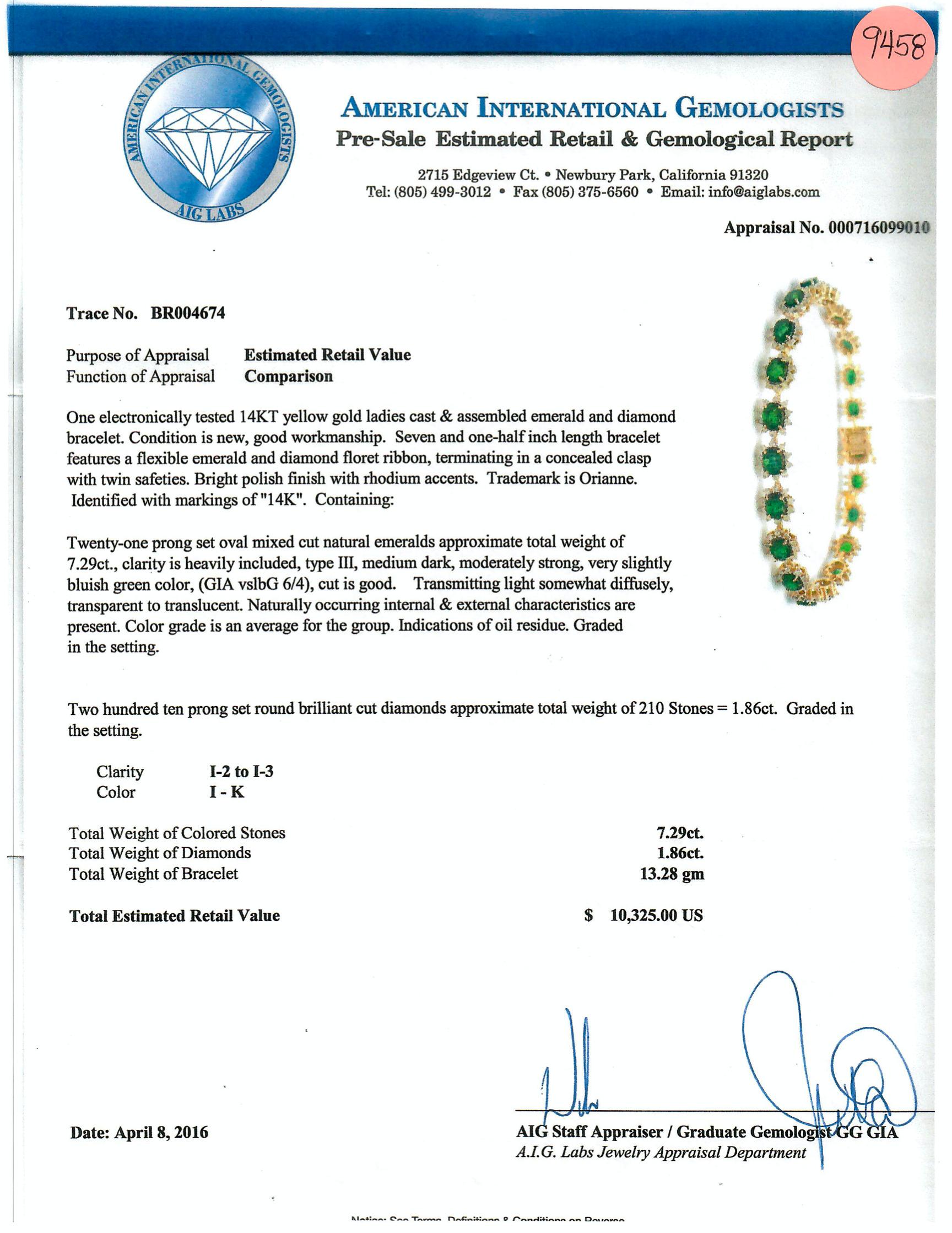 Item #9458 

AIG (Amercan International Gemologists) Certified
14K Ladies Bracelet 1.86 carat Diamond and 7.29 carat Emerald 

One electronically tested fourteen karat (14KT) yellow gold ladies cast and assembled emerald and diamond bracelet.