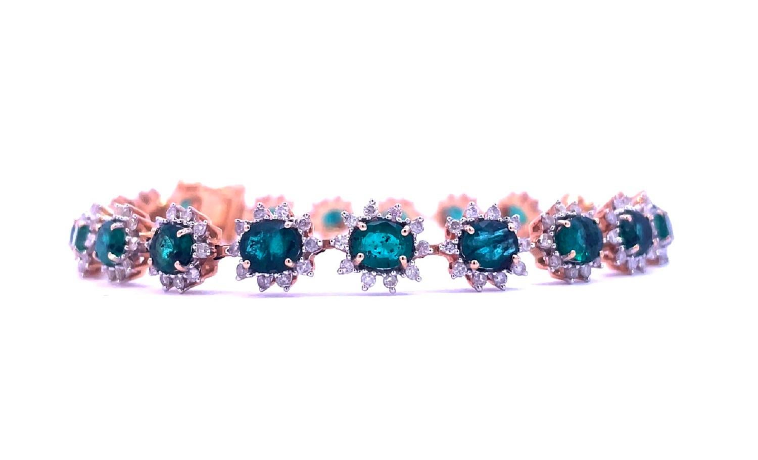 Oval Cut Emerald and Diamond Bracelet in 14K Yellow Gold For Sale