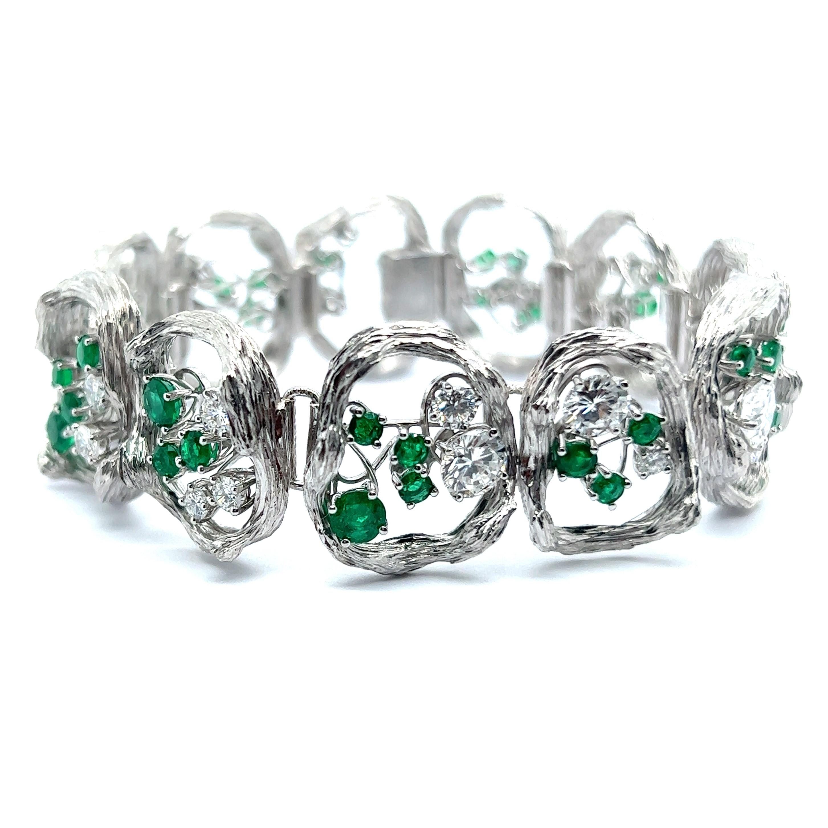 Brilliant Cut Emerald and Diamond Bracelet in 18 Karat White Gold by Paul Binder  For Sale