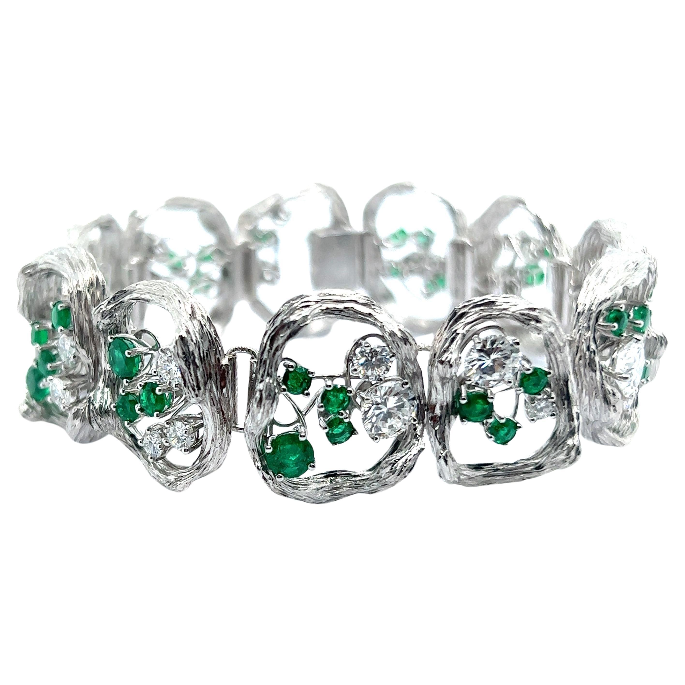 Emerald and Diamond Bracelet in 18 Karat White Gold by Paul Binder  For Sale