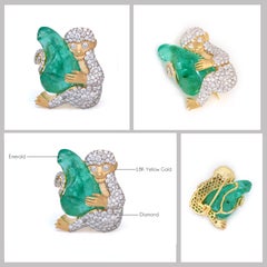 Emerald and diamond brooch monkey design with 18k solid yellow gold