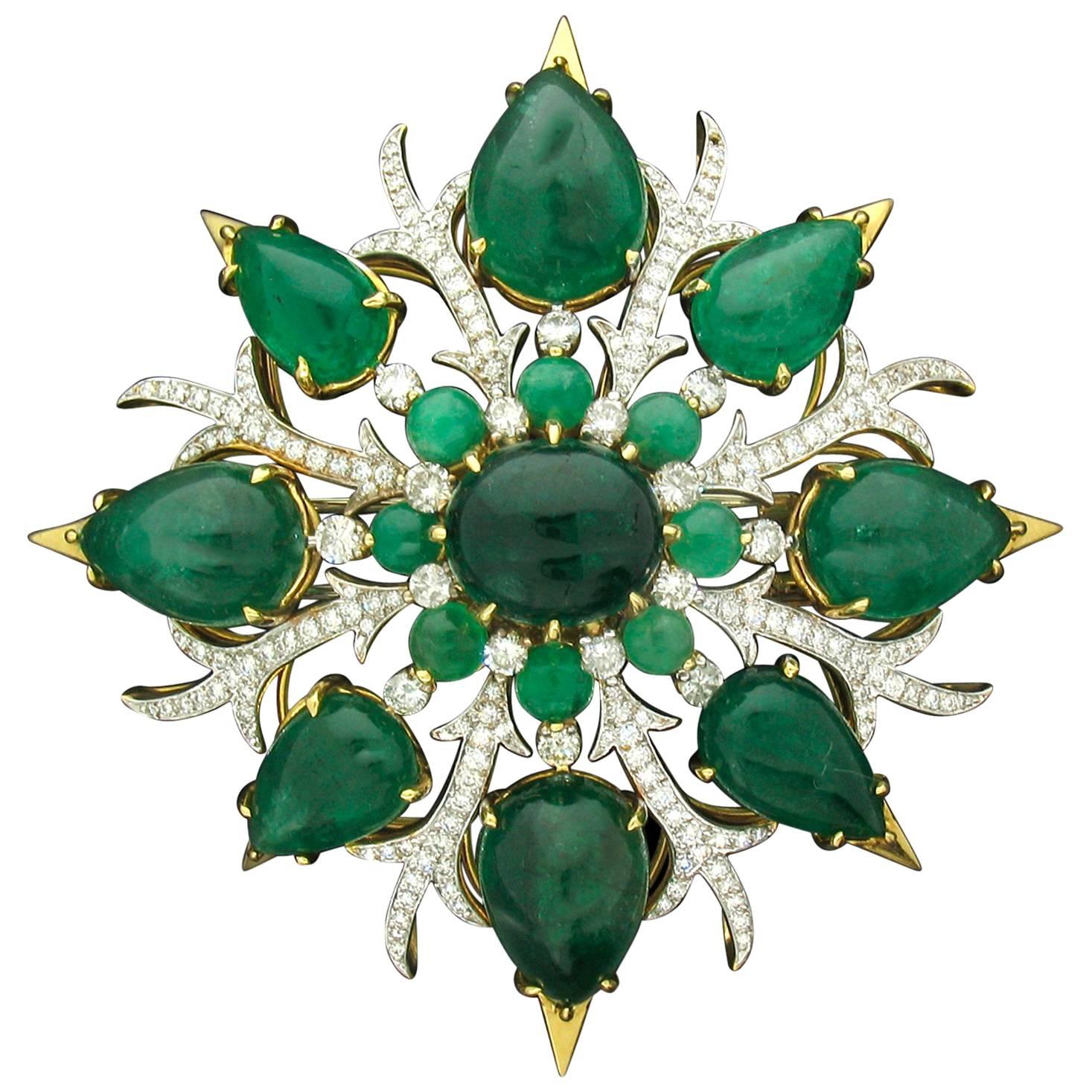 Emerald and Diamond Brooch or Pendant by Tony Duquette