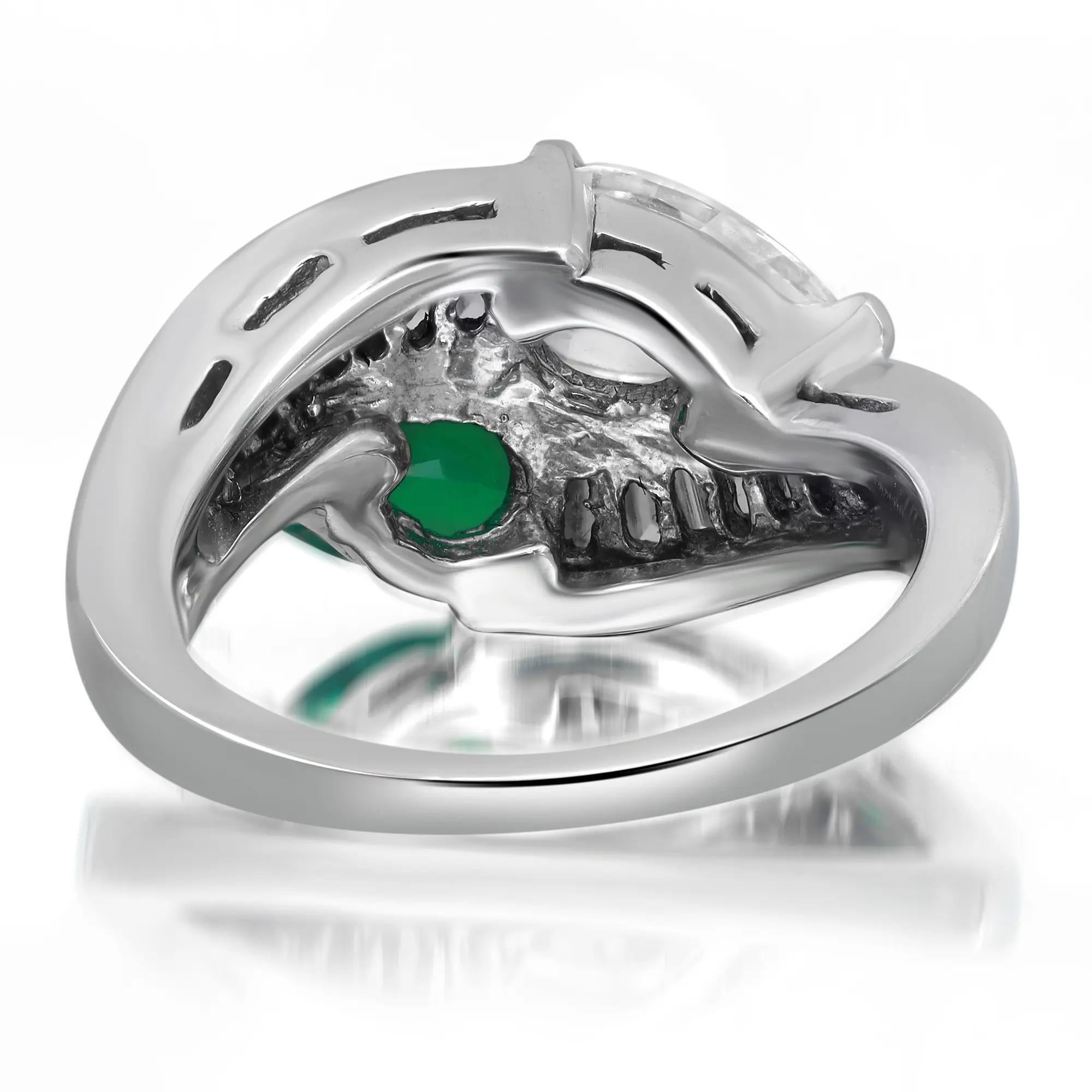 Modern Emerald And Diamond Bypass Cocktail Engagement Ring 18K White Gold Size 6 For Sale