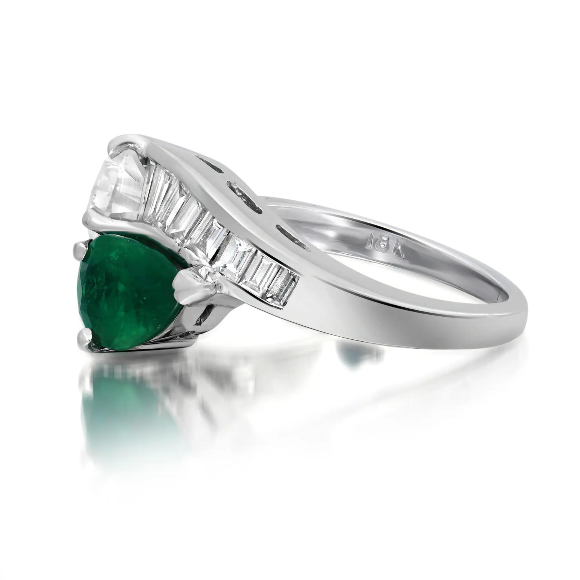 Pear Cut Emerald And Diamond Bypass Cocktail Engagement Ring 18K White Gold Size 6 For Sale