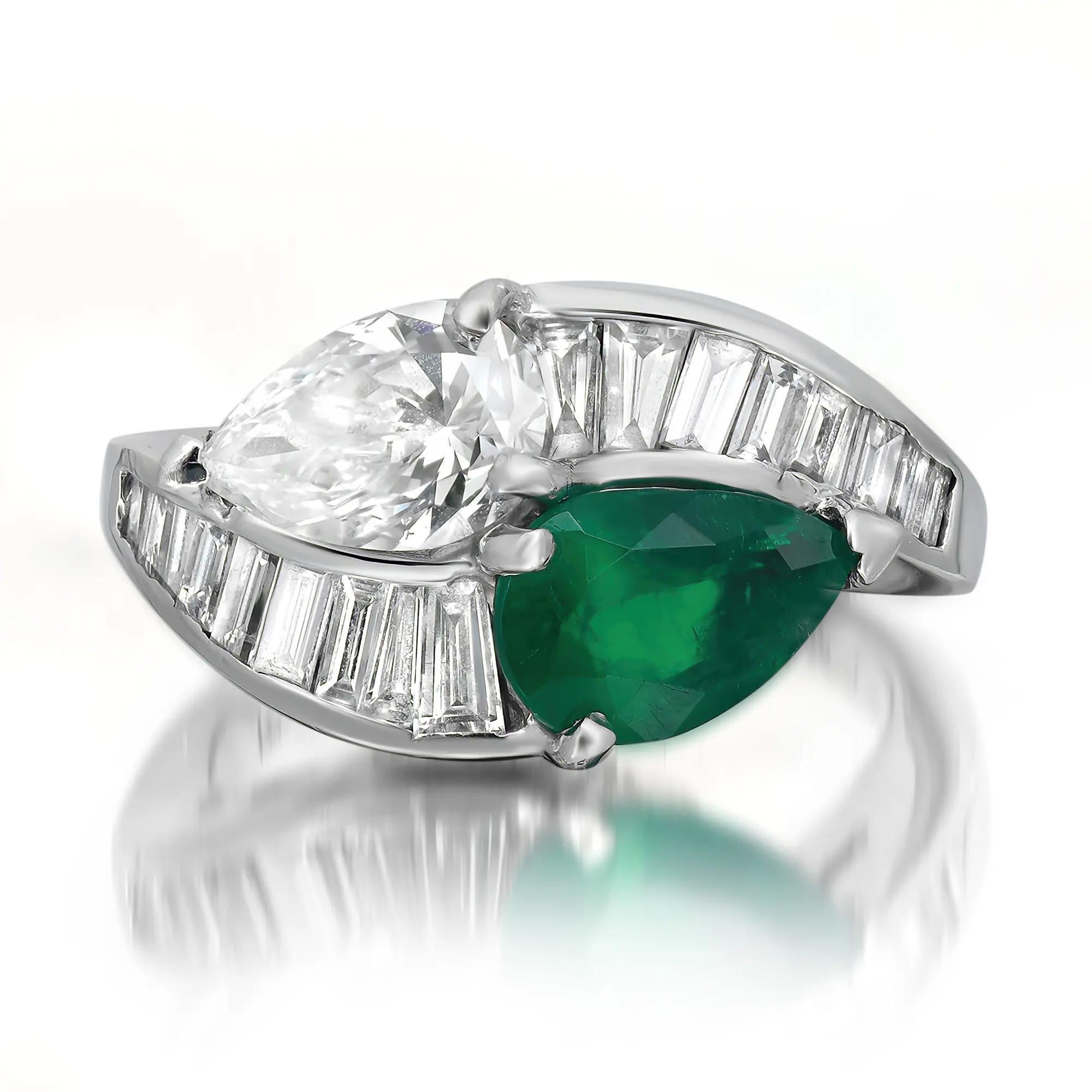 Emerald And Diamond Bypass Cocktail Engagement Ring 18K White Gold Size 6