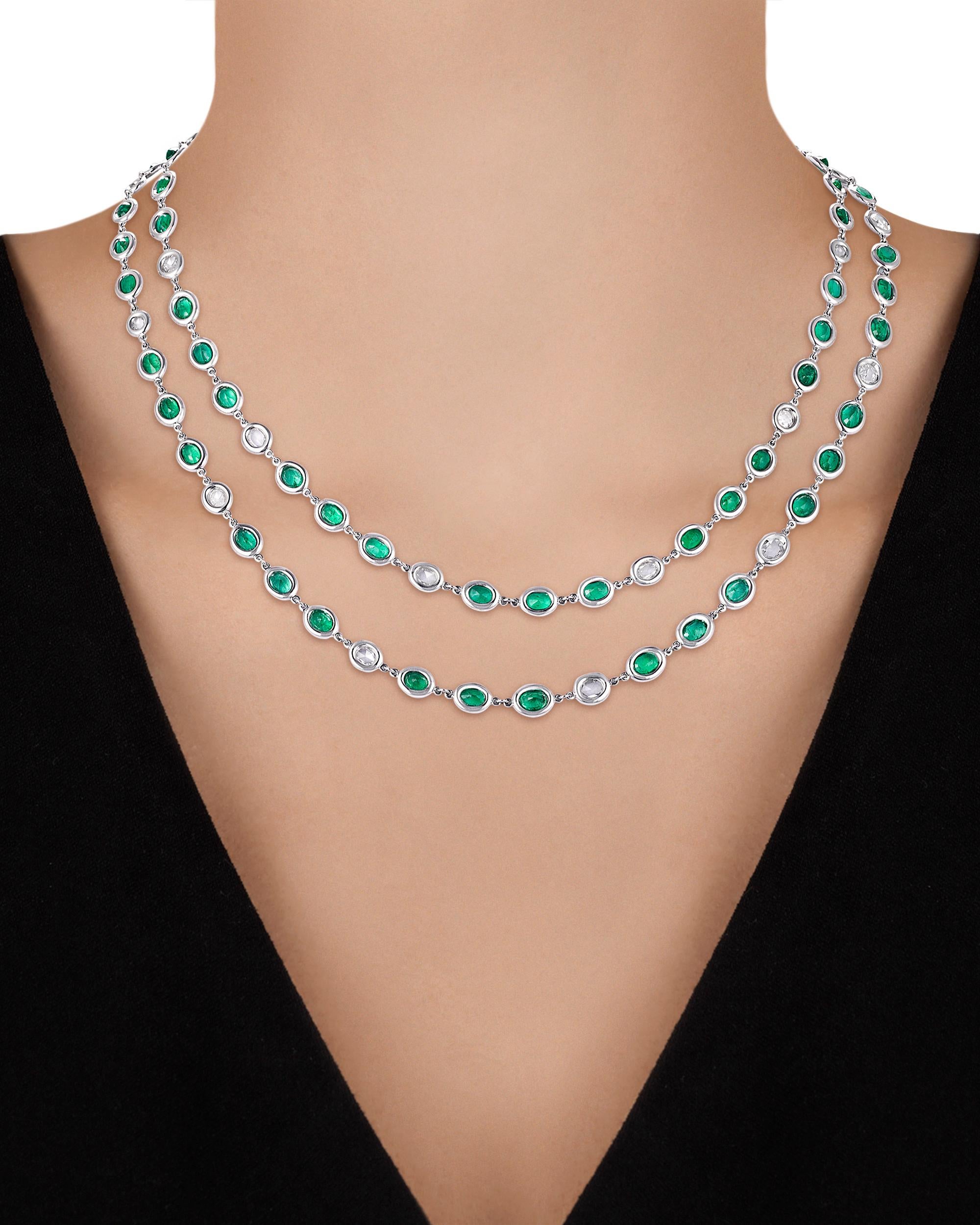 Oval Cut Emerald and Diamond Chain Necklace