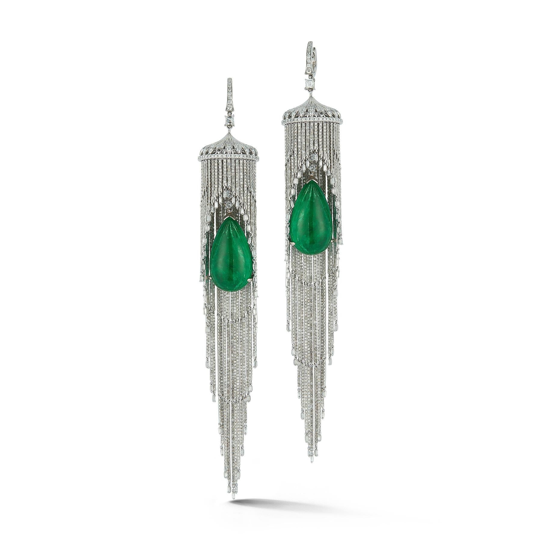 Emerald and Diamond Chandelier Earrings
The Emeralds are 26.08 ct, 26.78 ct respectively 
18.47 ct of Diamonds 