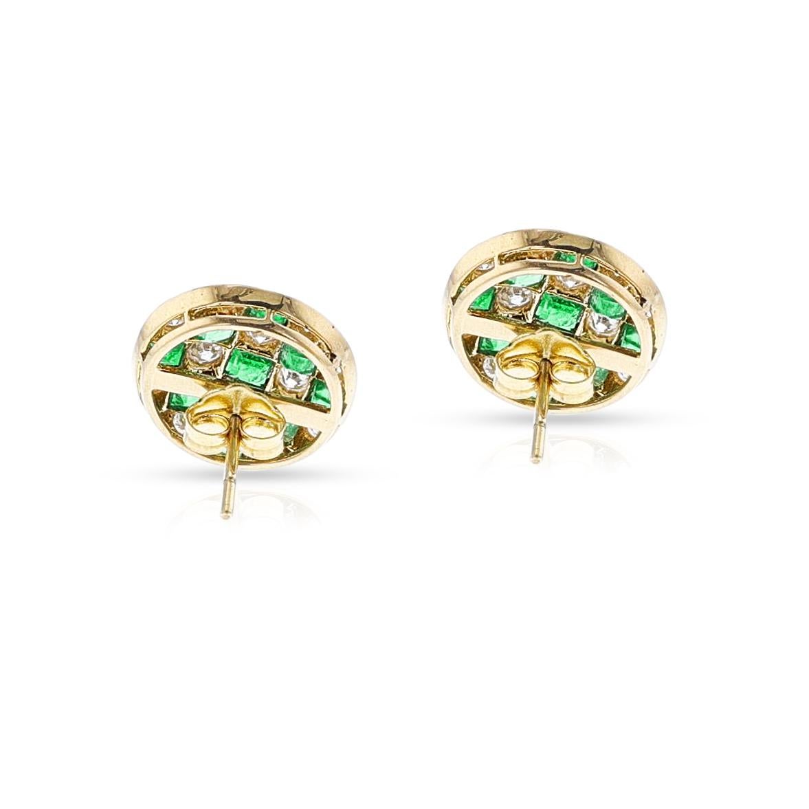 A pair of Emerald and Diamond Checkerboard Stud Earrings made in 18k Yellow Gold. The length is 0.50
