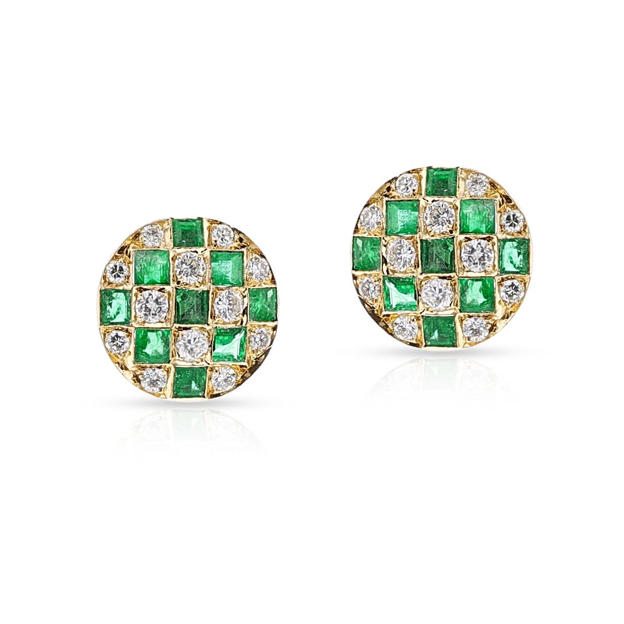 Square Cut Emerald and Diamond Checkerboard Stud Earrings, 18k For Sale