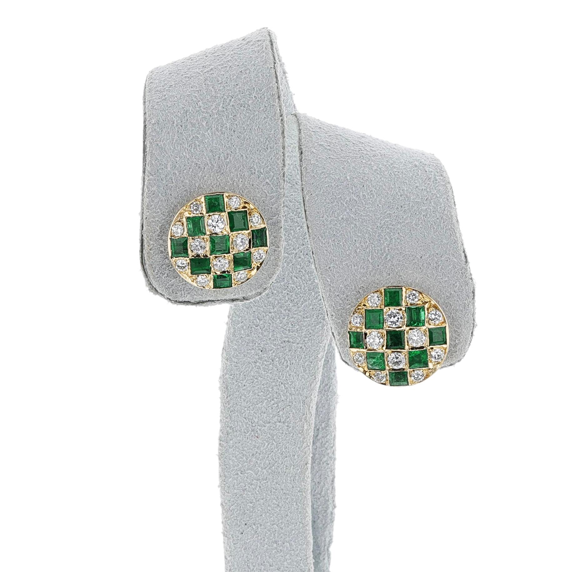 Women's or Men's Emerald and Diamond Checkerboard Stud Earrings, 18k For Sale
