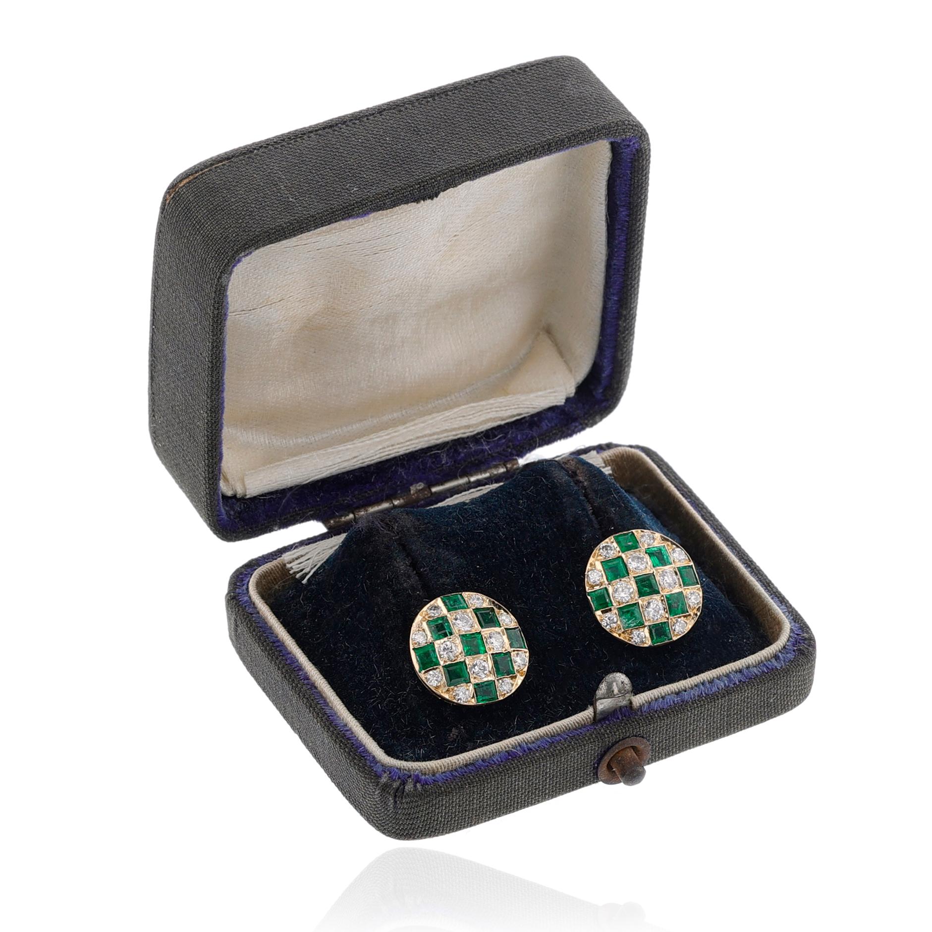 Emerald and Diamond Checkerboard Stud Earrings, 18k For Sale 1