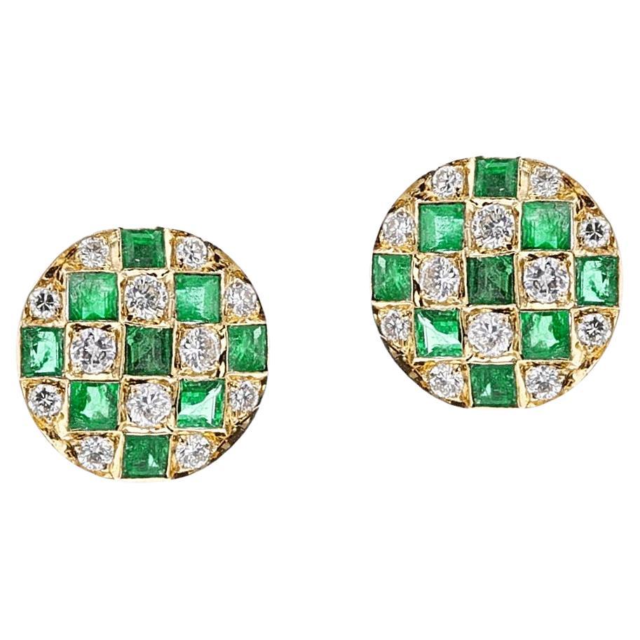 Emerald and Diamond Checkerboard Stud Earrings, 18k For Sale