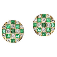 Emerald and Diamond Checkerboard Stud Earrings, 18k