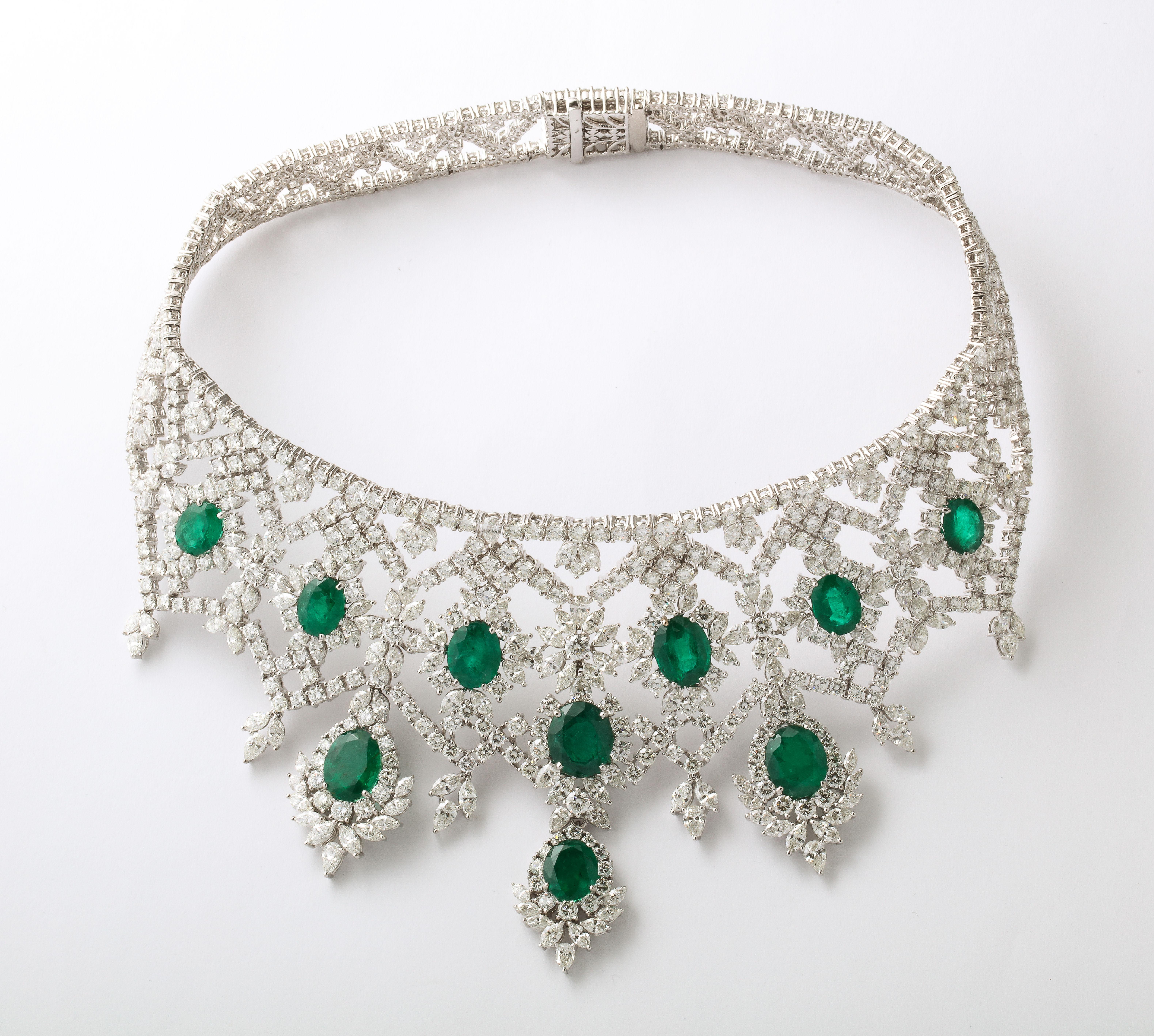 
A MASTERPIECE!

34.80 carats of certified Fine “Intense Green” Emeralds.

66.08 carats of white round, pear and marquise cut diamonds. 

Set in 18k white gold

Fits 16-17 inch neck. The length can easily be adjusted. 

Certified by Christian