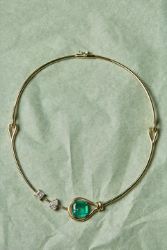 Emerald and Diamond Choker Necklace in 18k Yellow Gold by Maria Jose Jewelry