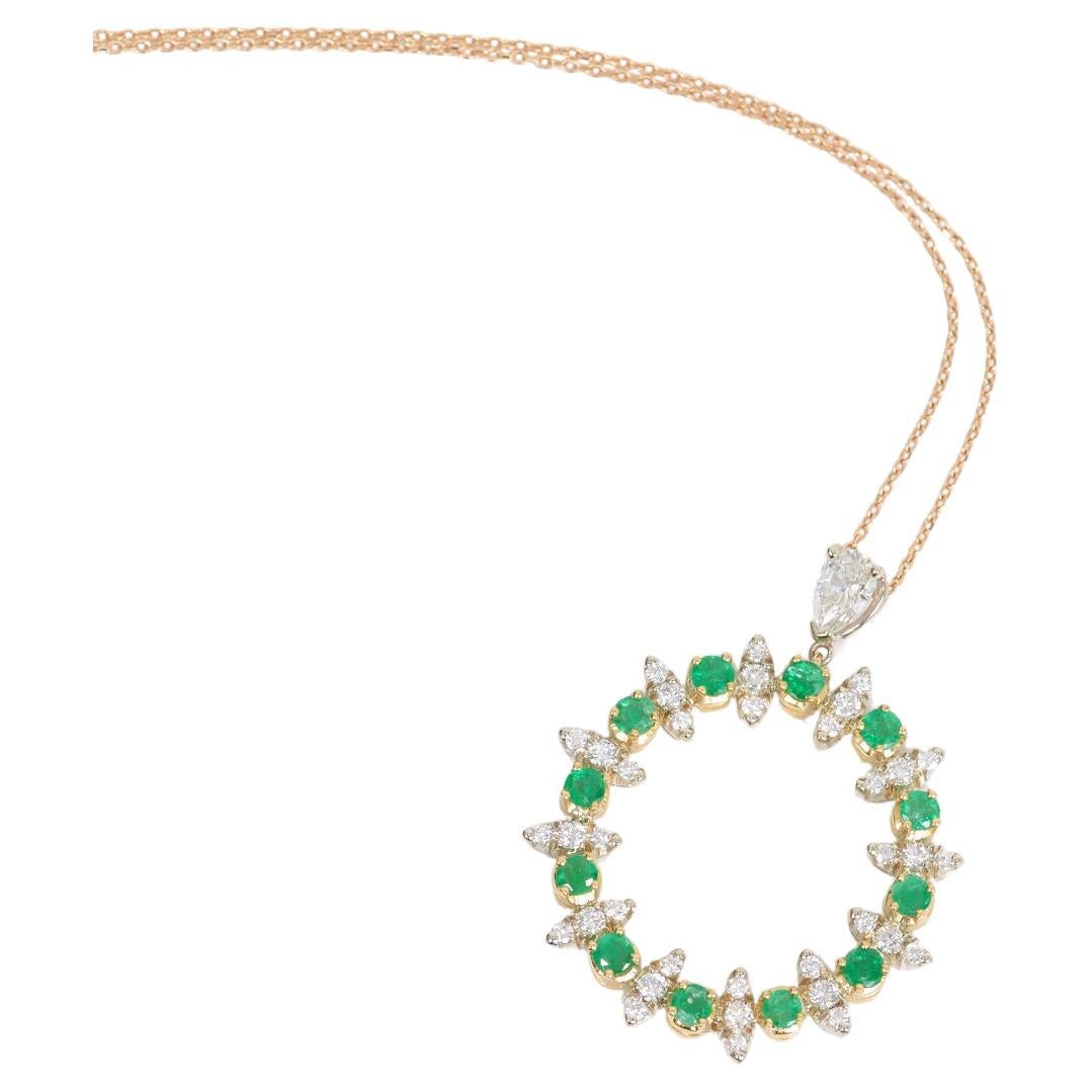 Emerald and Diamond Circle Pendant Necklace For Sale