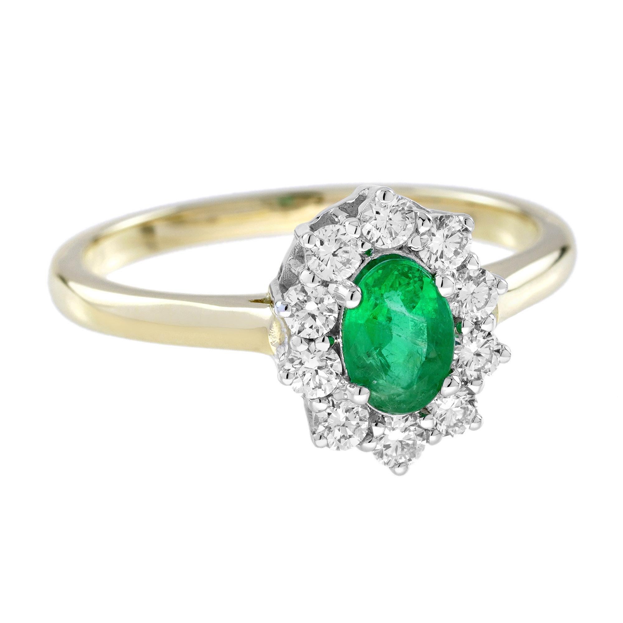 Compromiso Esmeralda y Diamante Estilo Clásico  Anillo de oro amarillo de 14 quilates Corte oval en venta