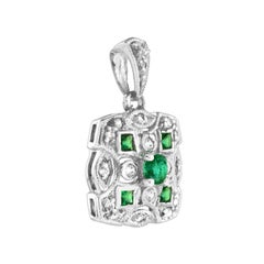 Emerald and Diamond Cluster Art Deco Style Pendant in 14K White Gold
