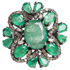 Emerald and Diamond Cluster Cocktail Ring