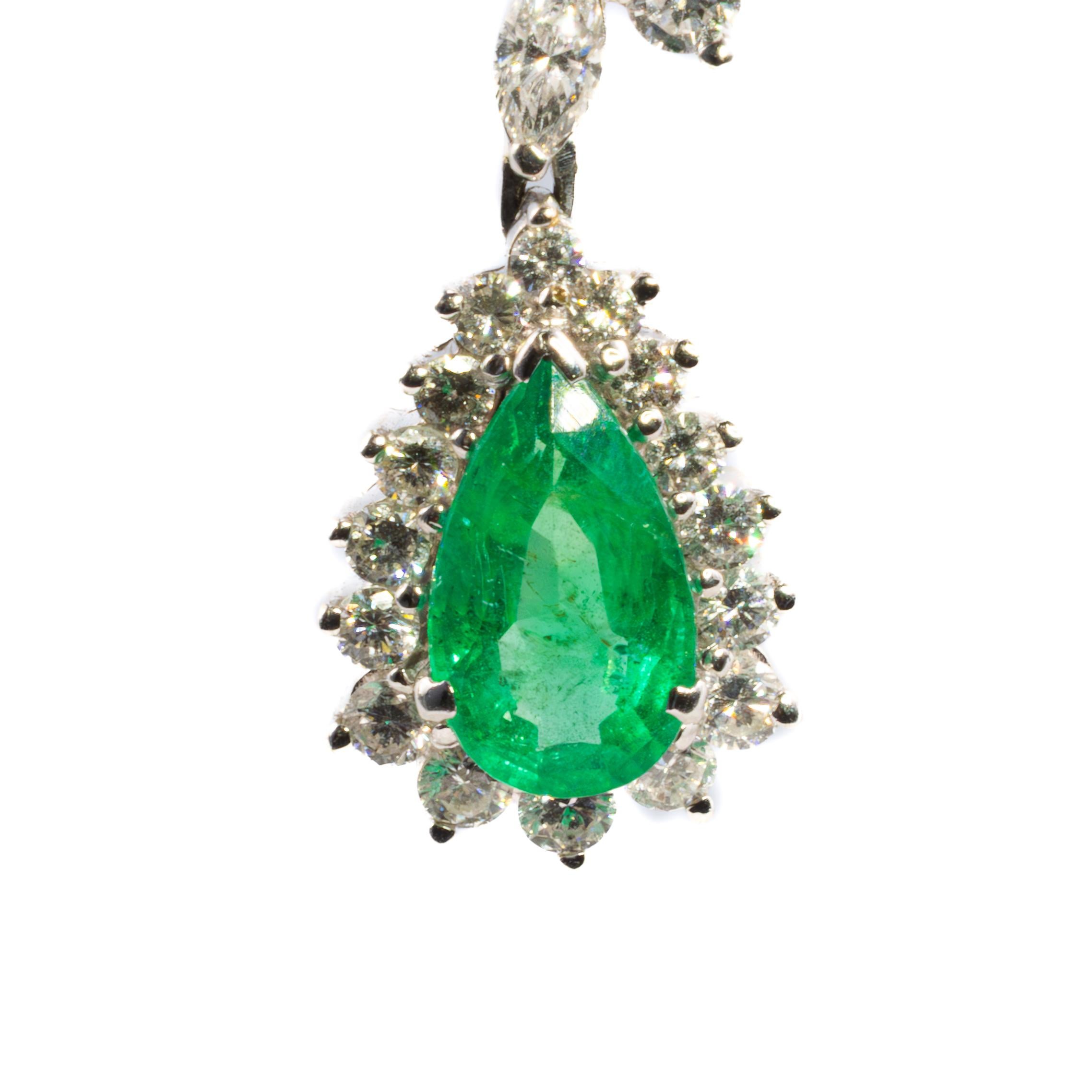 Retro Emerald and Diamond Cluster Drop Earrings For Sale