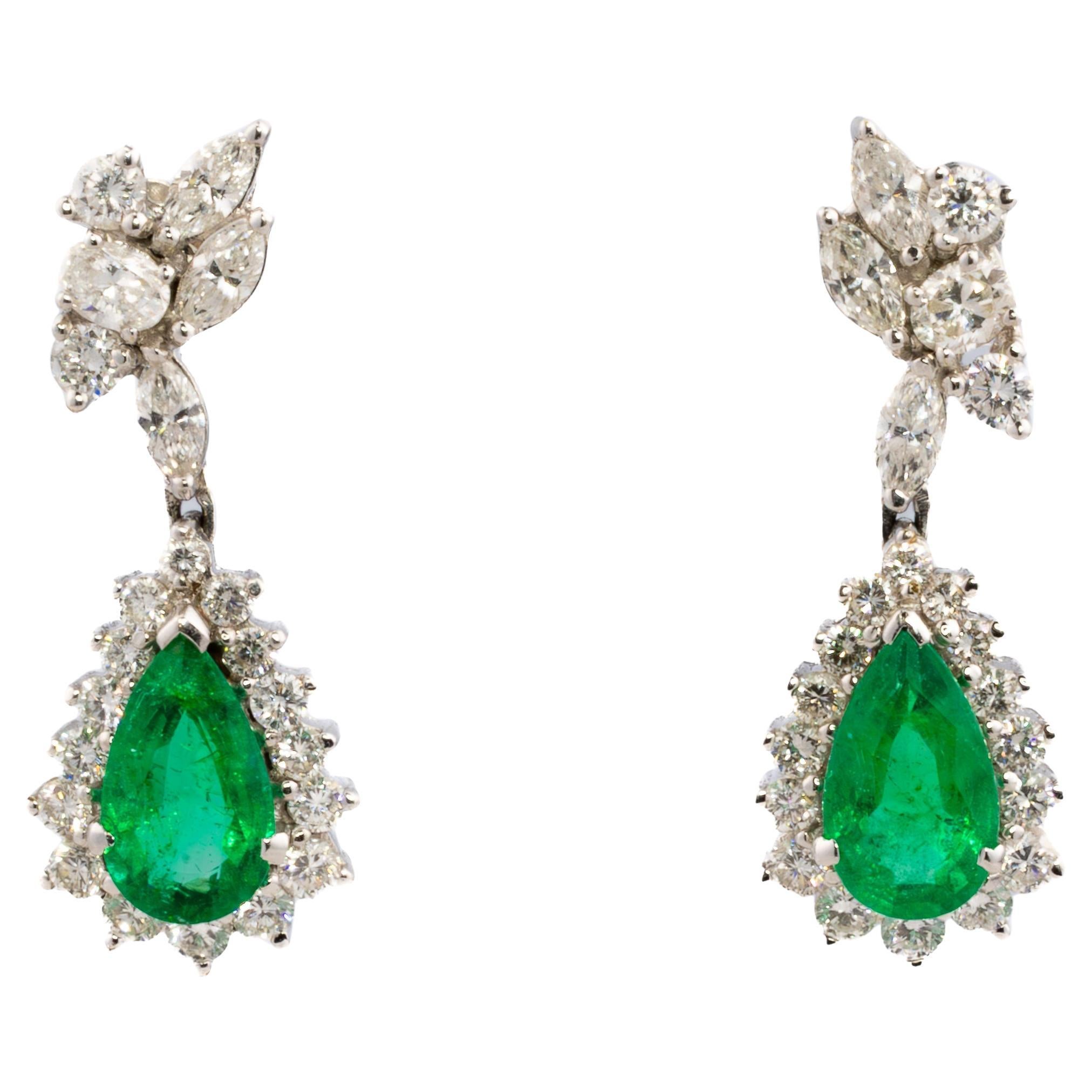 Emerald and Diamond Cluster Drop Earrings For Sale