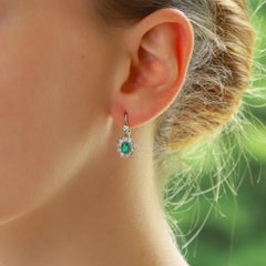 Emerald and Diamond Cluster Drop Earrings Set in Platinum
