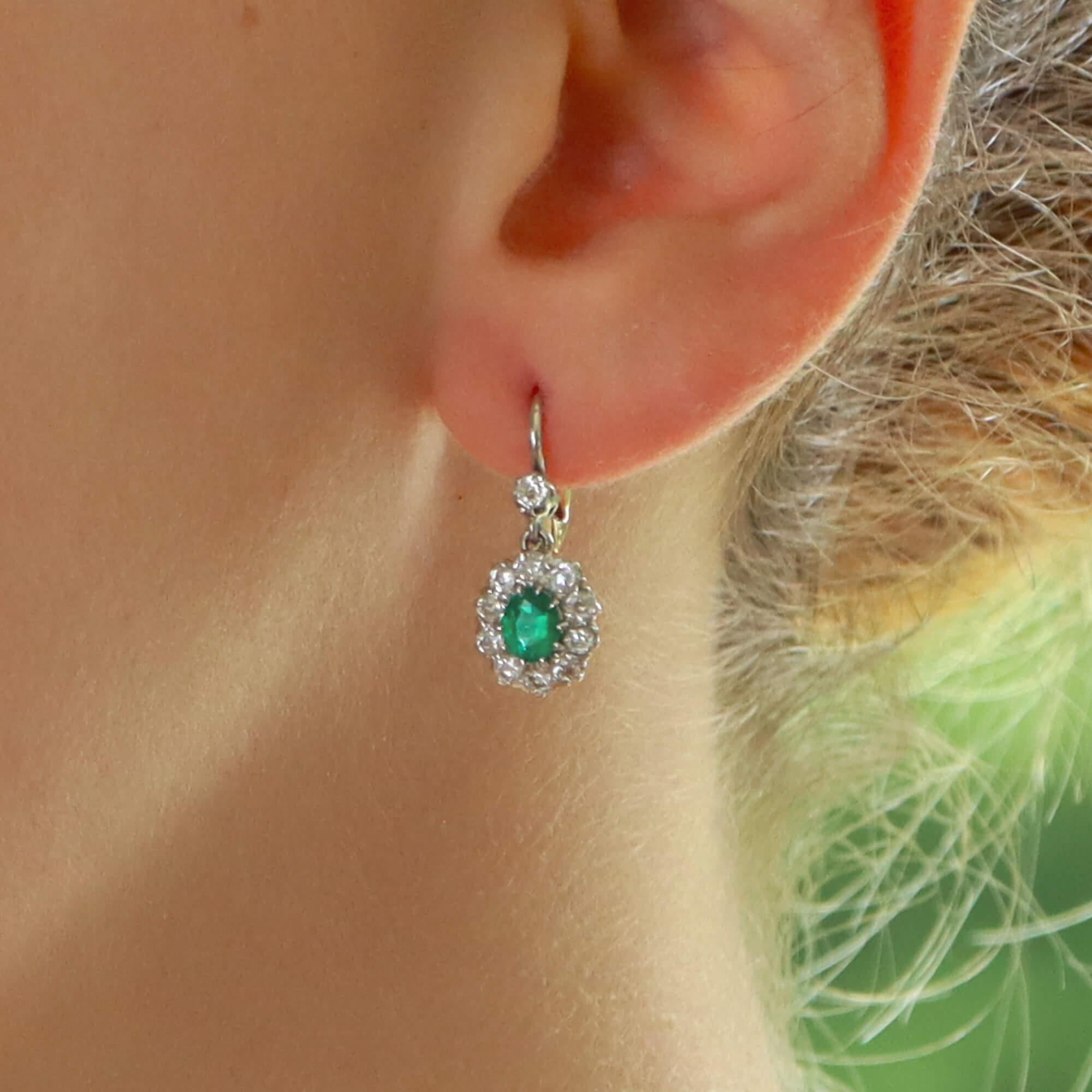 Edwardian Emerald and Diamond Cluster Drop Earrings Set in Platinum