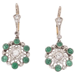 Vintage Emerald and Diamond Cluster Drop Platinum Earrings Estate Fine Jewelry