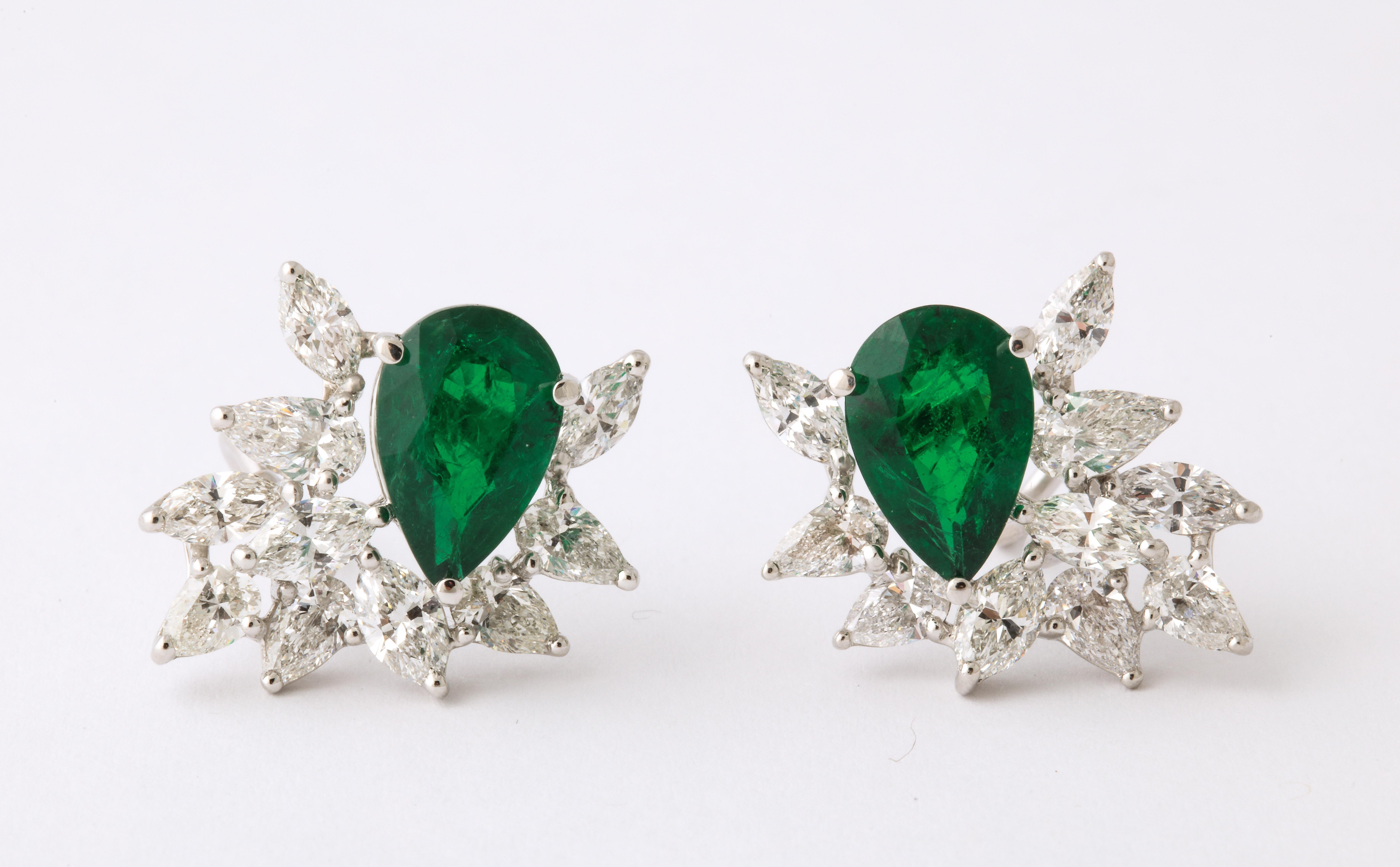 Pear Cut Emerald and Diamond Cluster Earrings For Sale