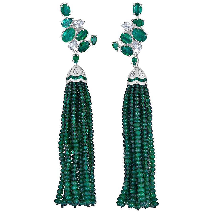 Emerald and Diamond Cluster Earrings with Removable Emerald Bead Tassel For Sale