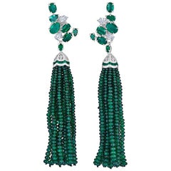 Emerald and Diamond Cluster Earrings with Removable Emerald Bead Tassel