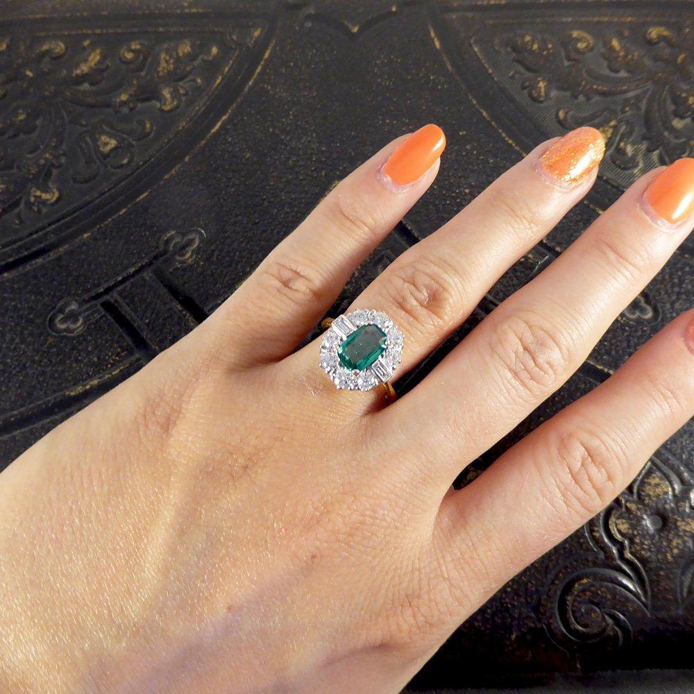 Emerald and Diamond Cluster Engagement Ring In New Condition For Sale In London, GB