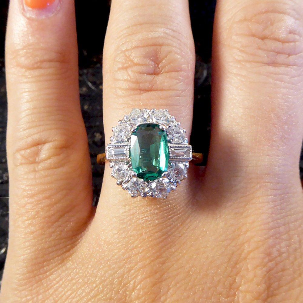 Women's Emerald and Diamond Cluster Engagement Ring For Sale