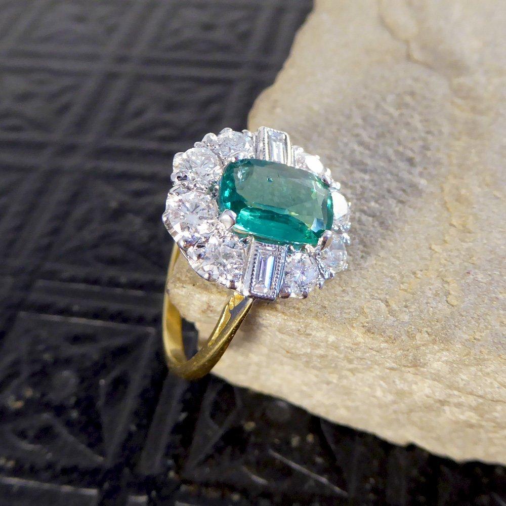 Emerald and Diamond Cluster Engagement Ring For Sale 1