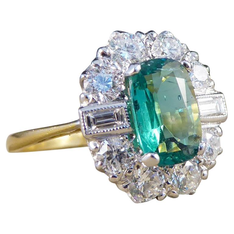 Emerald and Diamond Cluster Engagement Ring For Sale