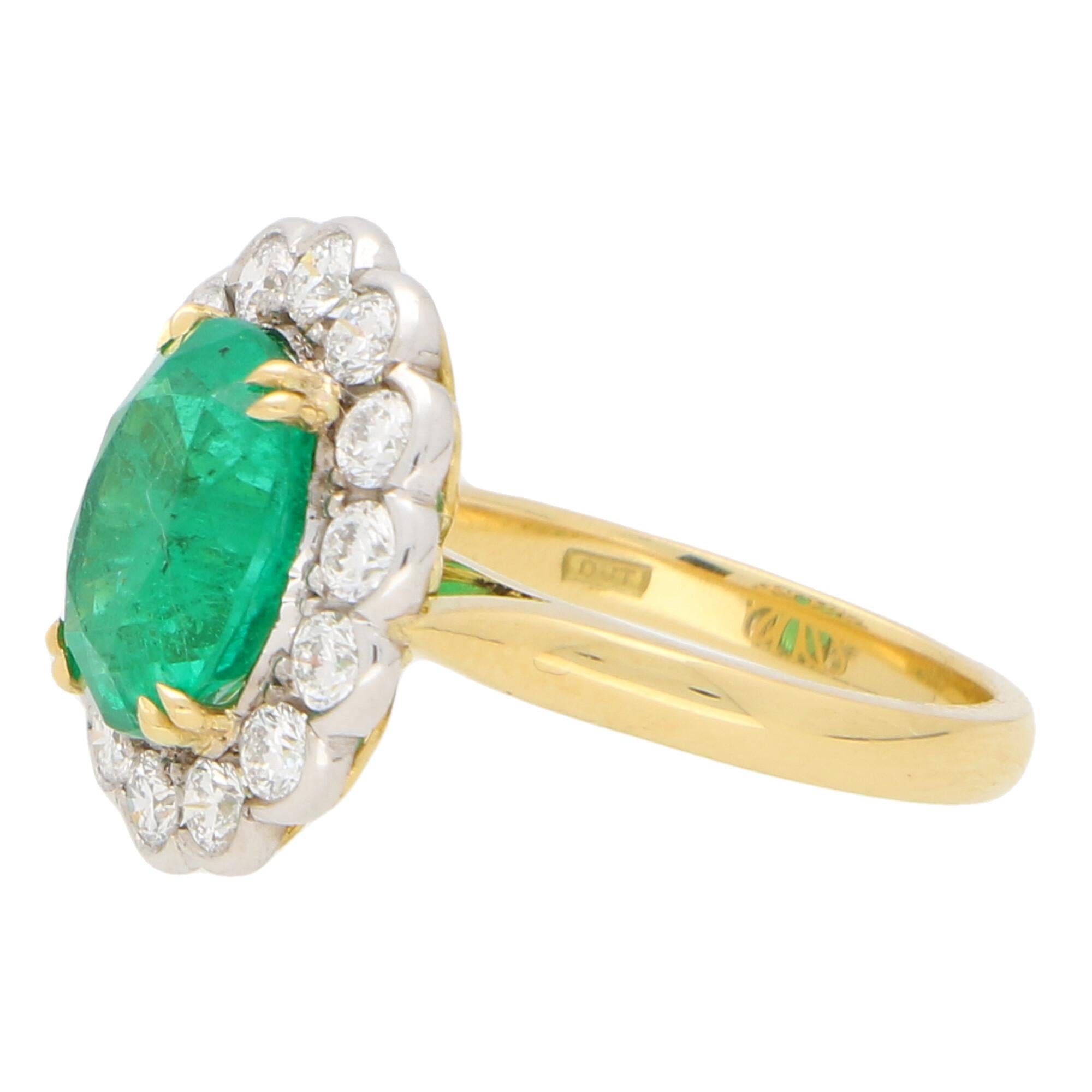Modern Emerald and Diamond Cluster Ring Set in 18 Karat Yellow and White Gold